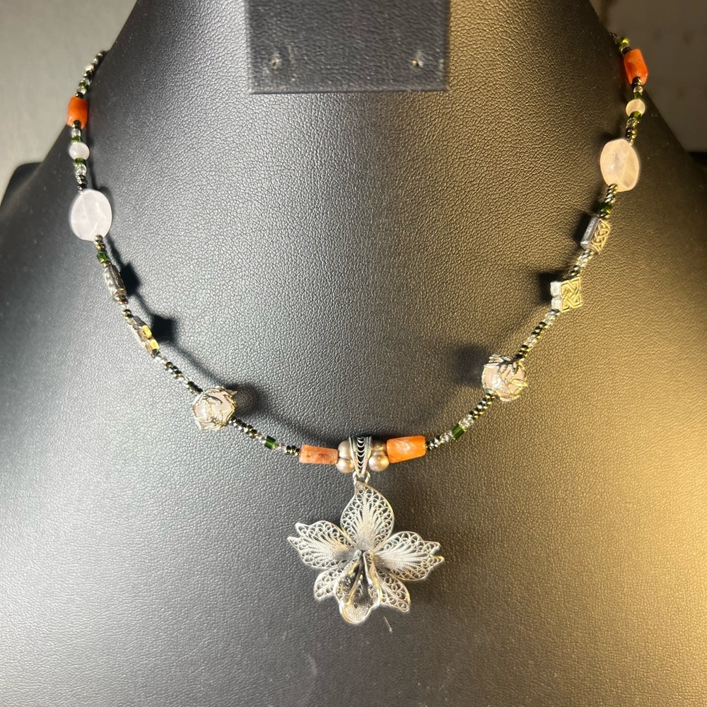 Sterling Silver Floral Pendant Necklace with Green and Orange Beads